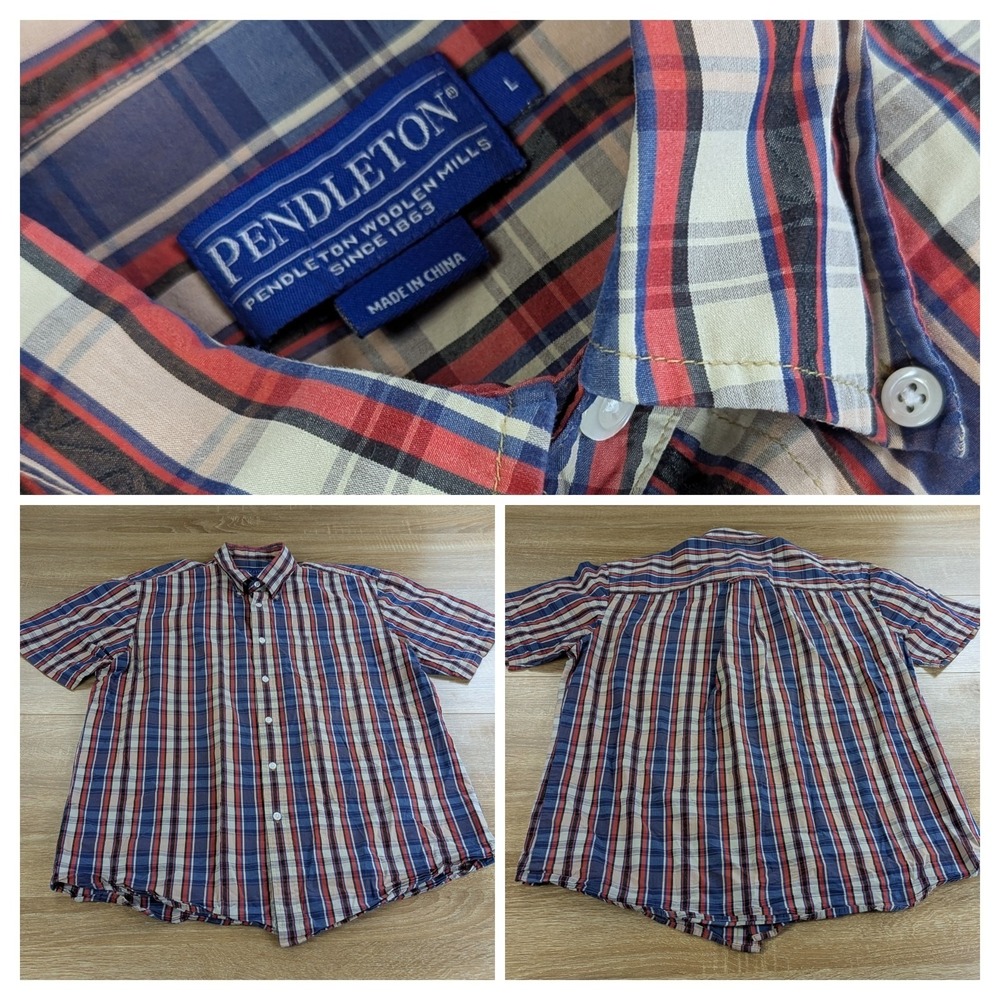 Pendleton Men's Shirt Size Large L Short Sleeve Plaid Button Up Red Blue Cotton